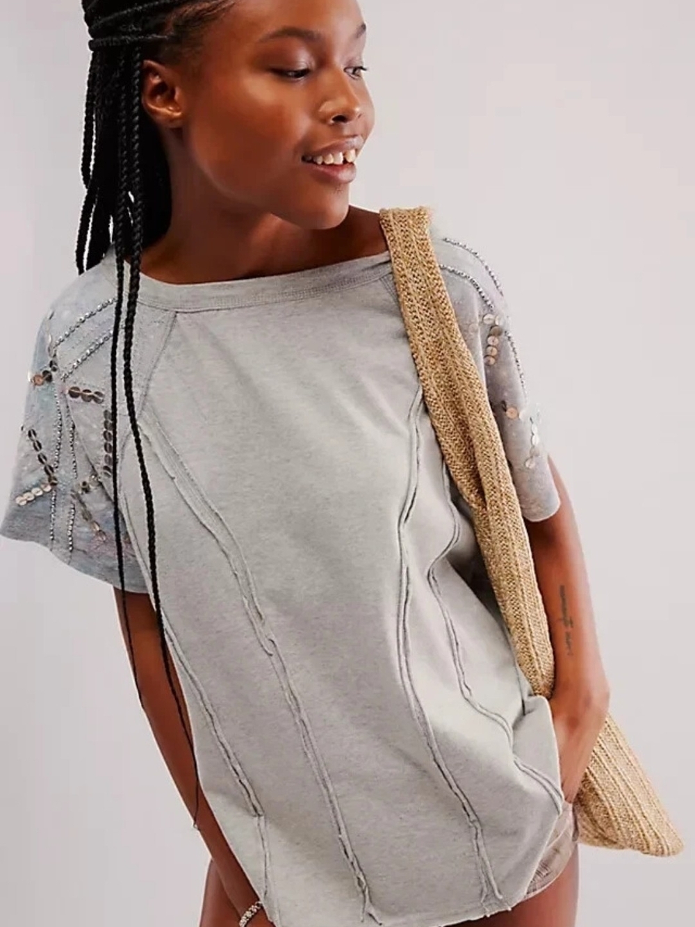 FREE PEOPLE Shine Me Out Top Gray w Tulip Back S NWT